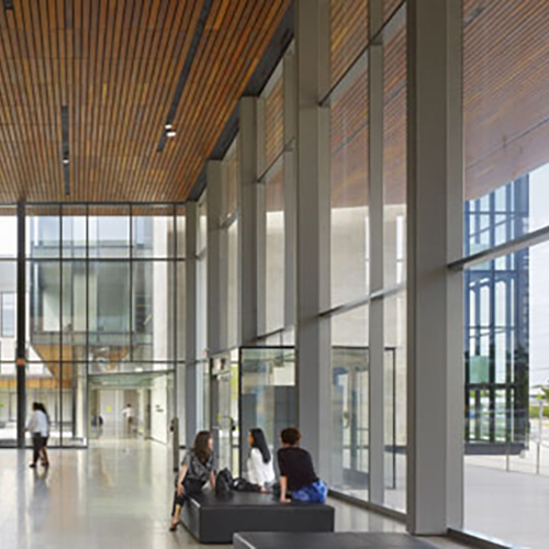 Three people sitting on a couch in a large foyer with a high wooden ceiling and glass walls