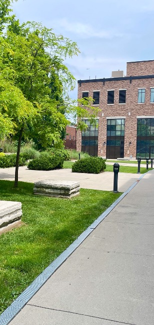 A courtyard with large flat stone seats, open grass space, trees and bushes