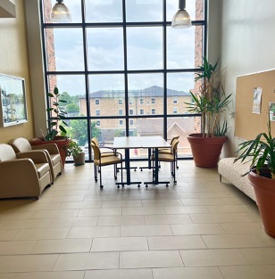 A desk, a bench and two lounge chairs in front of a large window surrounded by planters 