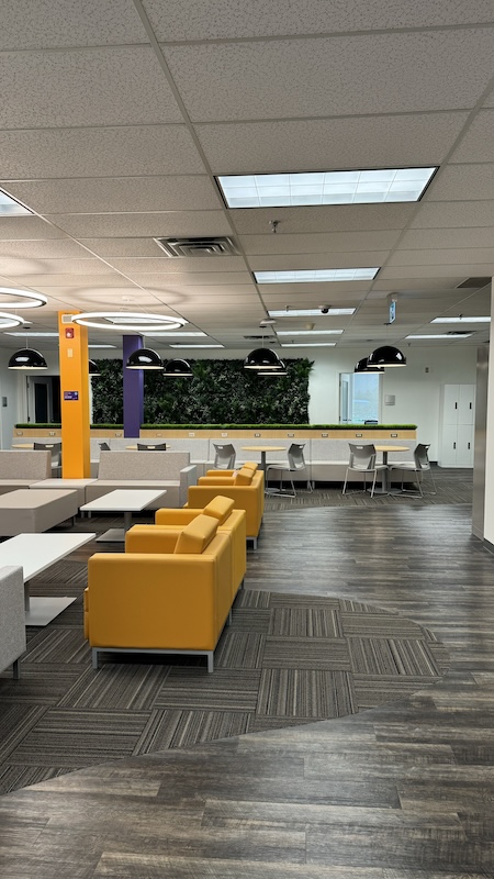 A large room with various tables, benches and chairs, as well as a green wall in the background