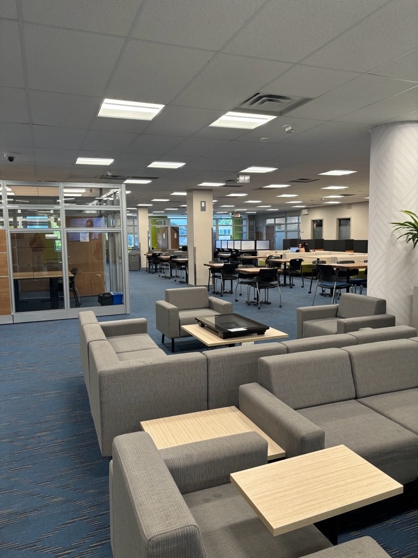 Lounge chairs beside tables, desks and study rooms