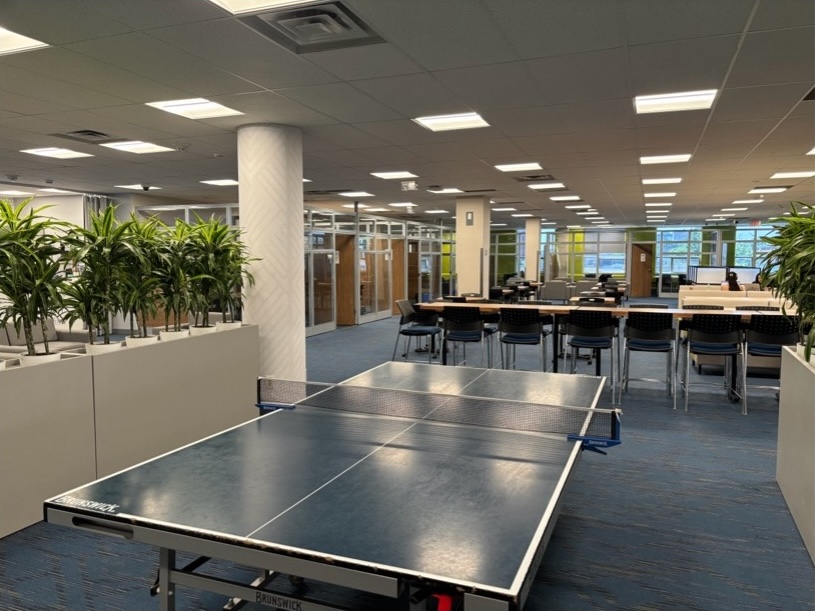 Ping pong table next to a shelf a plans and a row of desks