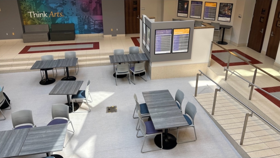 Overhead view of a group of tables and a ramp down to floor space