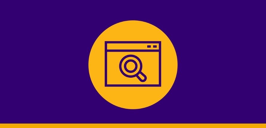A yellow magnifying glass in a web browser icon on a purple background