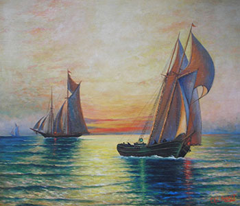 Painting of two ships in the water.