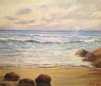 Painting of a beach with waves, and a ship in the distance.