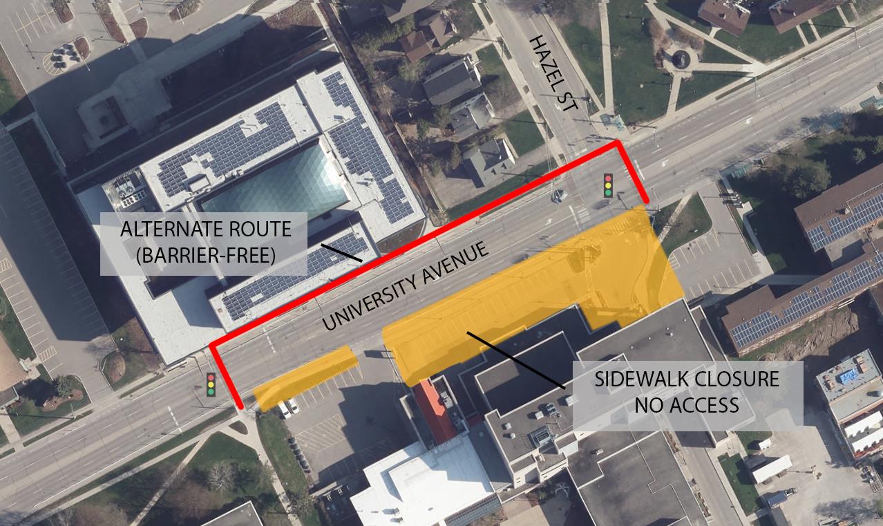 The map displays the South side pedestrian walkway closure and the alternate route on the north side hat is required to accommodate the work associated with the project.