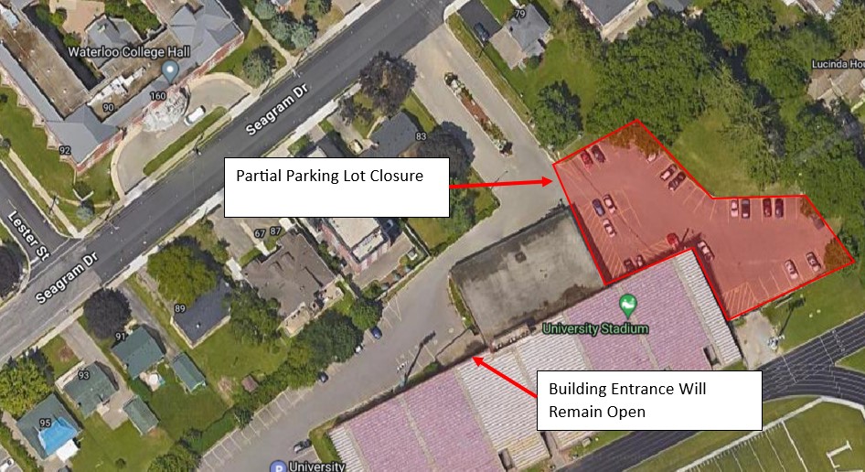the map displays the parking lot closure area for the east portion of parking lot 9 on Thursday, April 24.