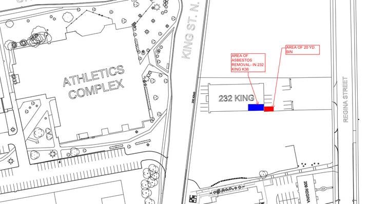 The map illustrates the location of the asbestos removal area at 232 King Street and the location of the waste bin.