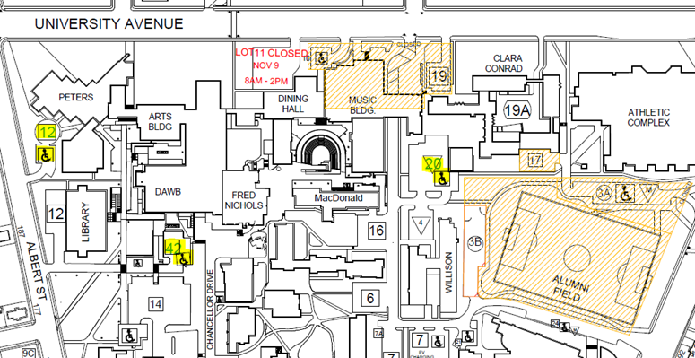 The map displays parking Lot 11 temporary closure on November 9th and provides alternate accessible parking locations (highlighted in yellow) that are required to accommodate the work associated with the Faculty of Music Building project.