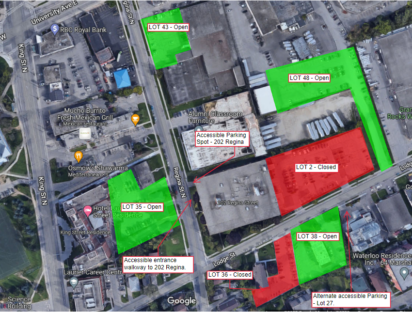 Map is displaying the location of parking lot closures of lot 2 at 202 Regina Street and lot 36 at 45 Lodge Street. It provides a location of alternate accessibility entrance and accessible parking location for Regina Street North and accessible parking alternative at 65 Lodge Street.