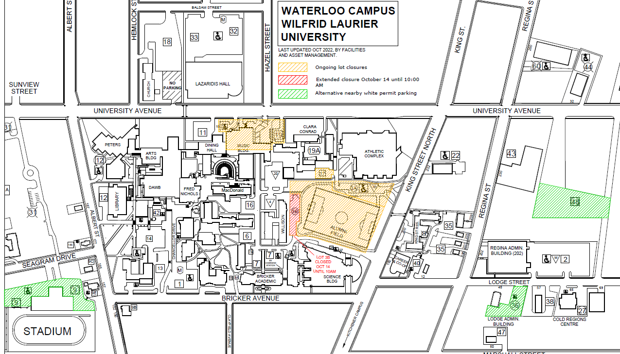 The map outlines the parking Lot 3B temporary closure and the alternate parking locations that are required to accommodate the work associated with the Alumni Field project.