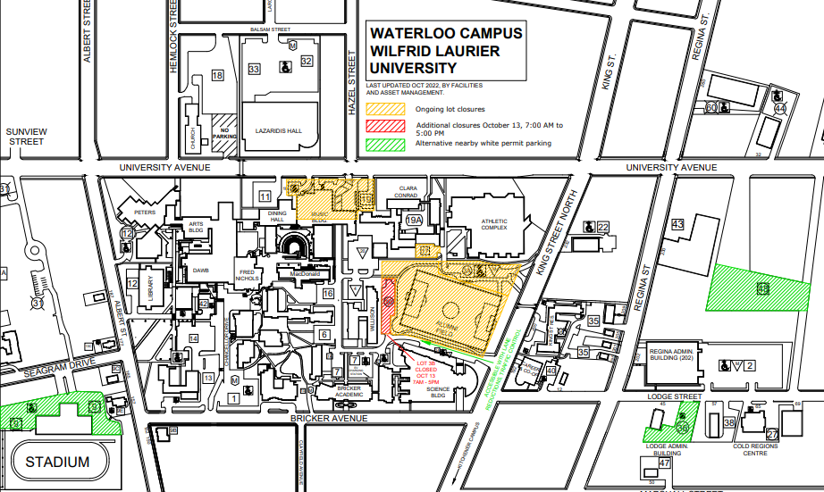 The map displays parking Lot 3B temporary closure and the alternate parking locations lot9, 36, 48 that are required to accommodate the work associated with the Alumni Field project.