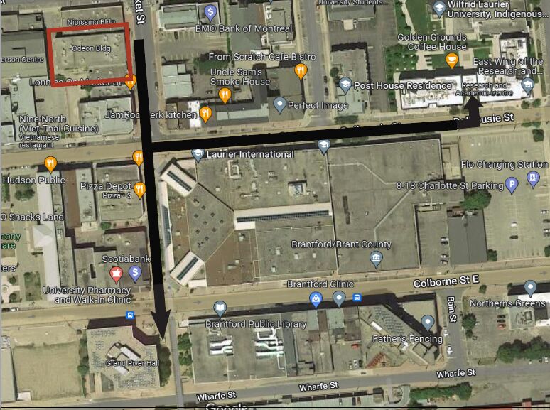 The map below outlines a path to the new classroom locations in Grand River Hal (GRH)l and the Research and Academic Centre (RCW).  Grand River Hall is located at the South-East corner of Market Street and Colborne Street.  The accessible entrance is at the front of the building on the West side of the doors.   The Research and Academic Centre West is located at the North side of Dalhousie Street between Charlotte Street and George Street.  The accessible entrance is at the West side entrance, adjacent to the book store.