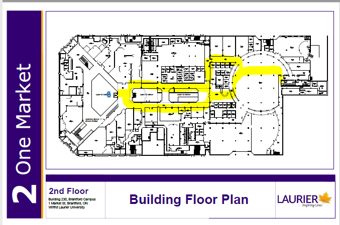 The image shows the path from the second floor elevator to the East Wing Washrooms