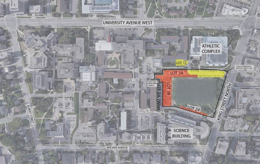 campus-map-displaying-parking-lot-closures-lot3a-lot3b-lot17-and-alternate-main-campus-entrance-from-king-street-north