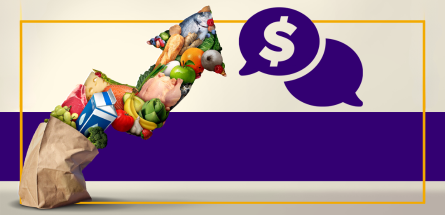 Arrow coming out of a grocery bag pointing upward next to a dollar sign in speech bubble