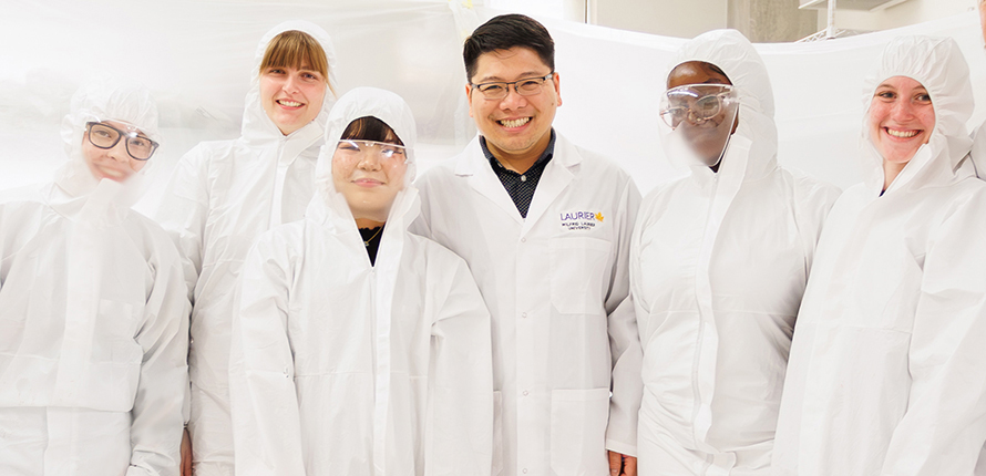 Nathan Vo and student participants in the blood spatter analysis lab