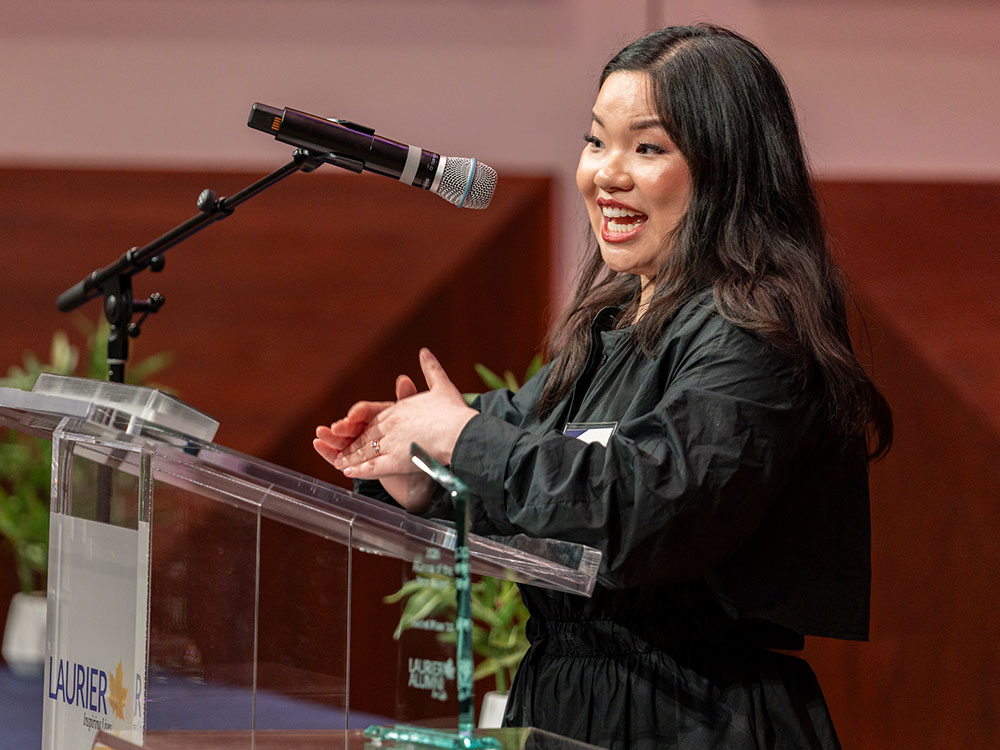 Rachel Phan delivers her acceptance speech at Laurier's Awards of Excellence ceremony