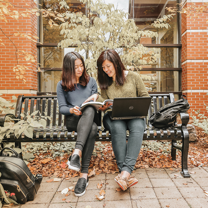 Students on a bench reading a book