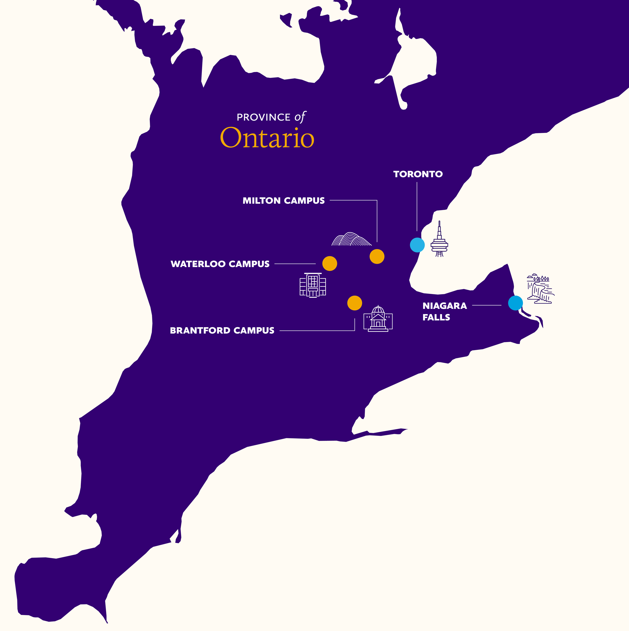 Map of Ontario showing the locations of Laurier campuses