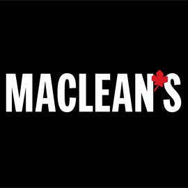 Maclean's magazine logo.  Maclean's in white on black background. Small red maple leaf as the apostrophe.