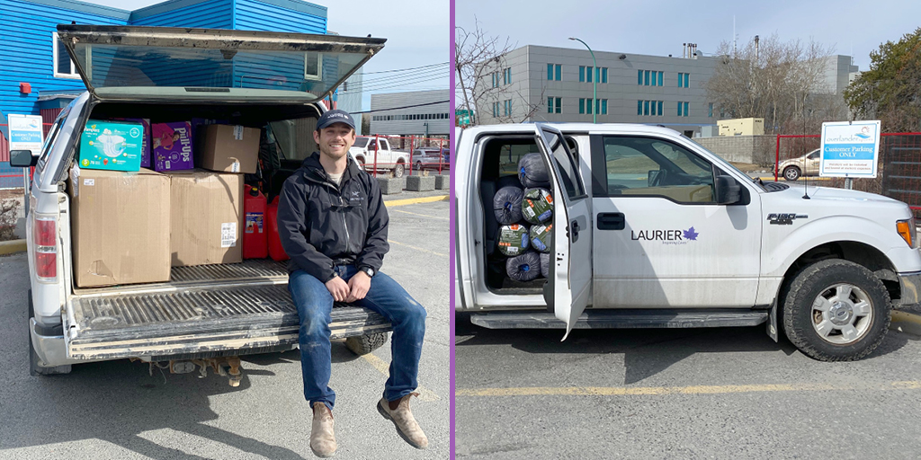 Mason Dominico sitting on pick-up truck filled with supplies