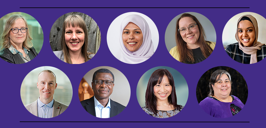 headshots of winning faculty members on a purple background