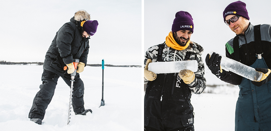 Arash Rafat holding an ice core sample