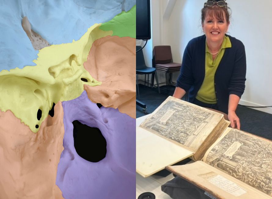 Left: a photo of a model of the sphenoid bone in the brain; right: Richelle Monaghan with two books.