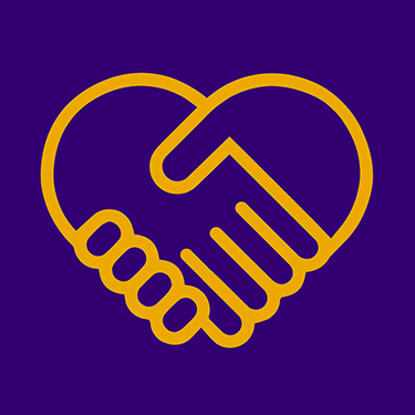 Illustration of a handshake and heart on a purple background