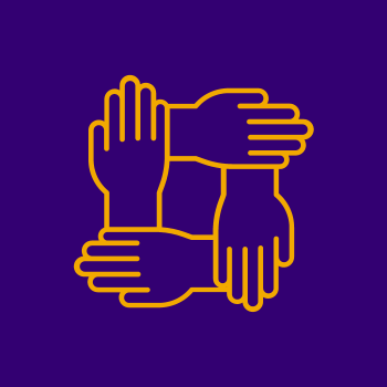 Purple background with gold hands.